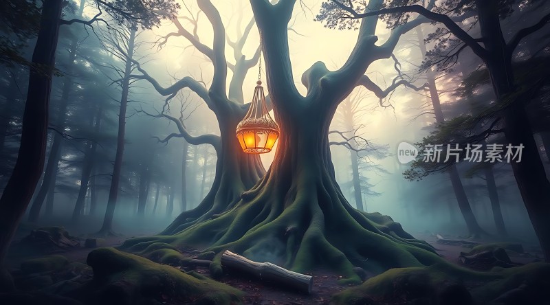 神秘森林中的古老树根与灯笼