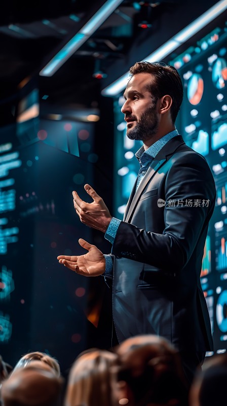 商务男士演讲现场 <|user|>