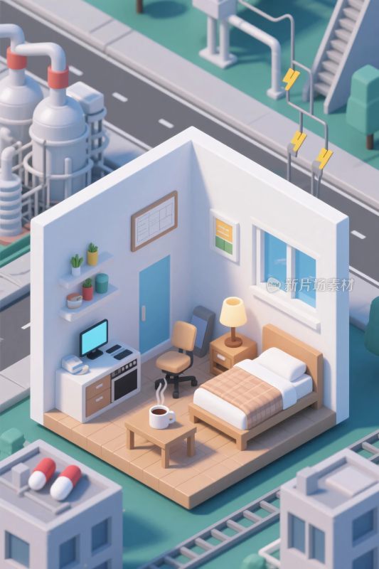 立体风格室内外场景插画