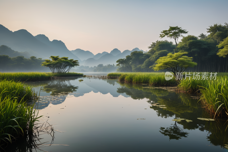 湖中央的水边长满树木和草高清背景图片