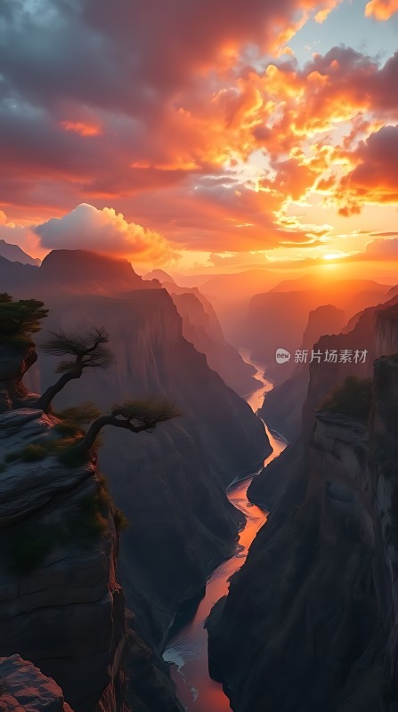 峡谷夕阳下的孤树