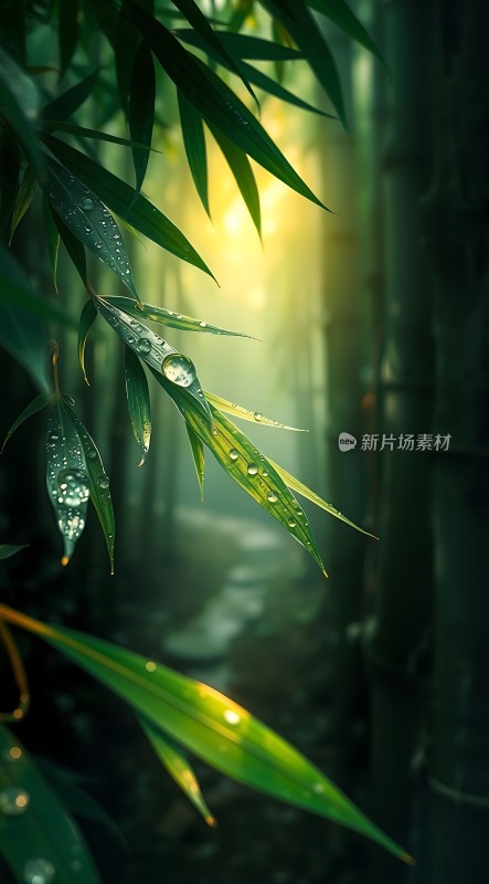 竹叶上的露珠与阳光