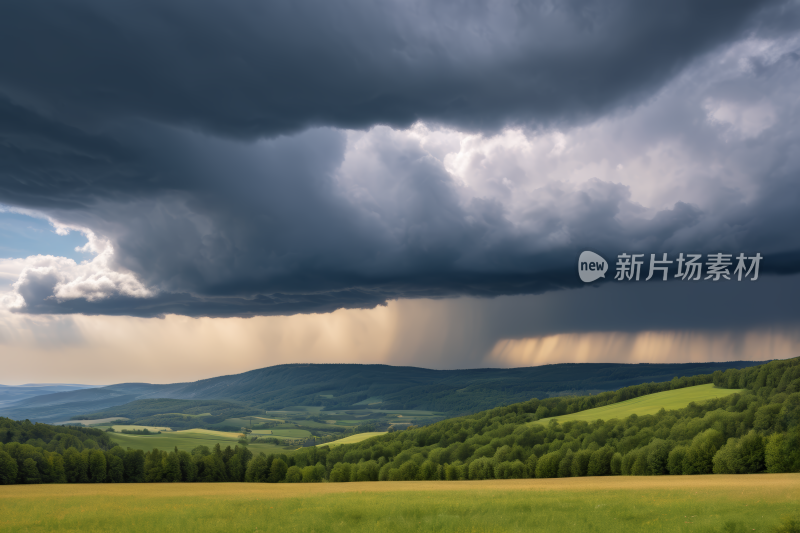 绿色的田野上有乌云有几棵树风景风光图片