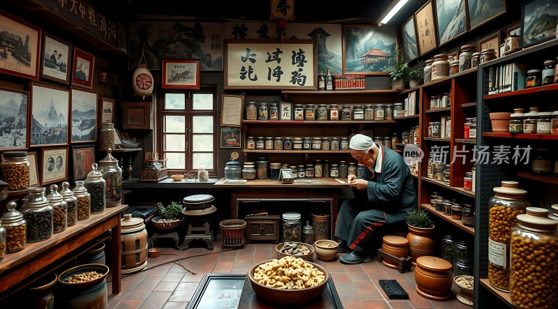 古风中药铺里的老中医在认真工作