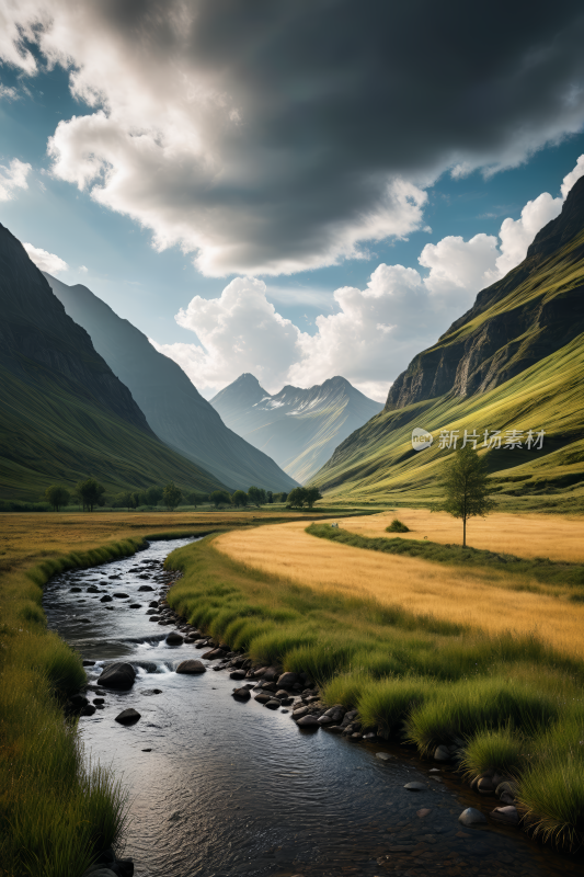 一条小溪流经草谷山脉高清风景图片