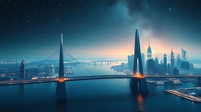 璀璨都市夜景下的跨江大桥