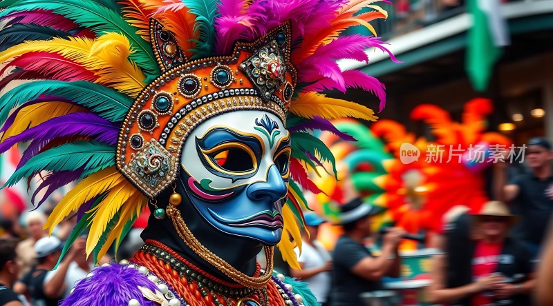 狂欢节上的华丽面具与羽毛头饰