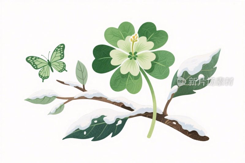 四叶草蝴蝶树枝插画