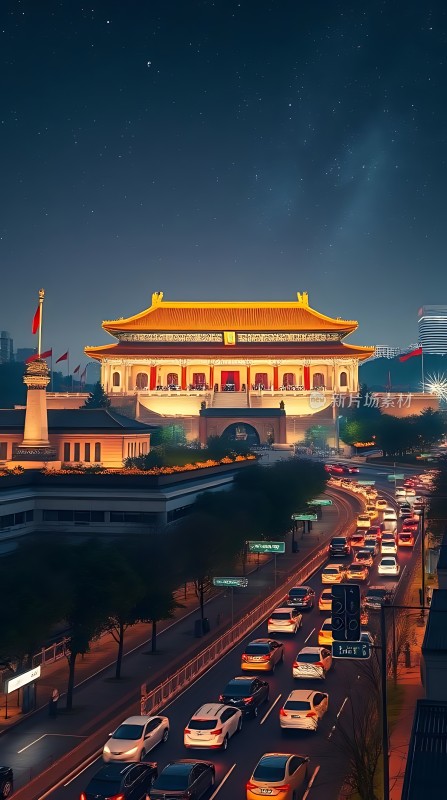 夜幕下的故宫与车流交织