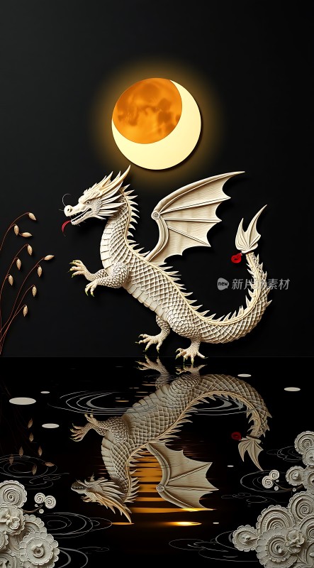 金龙映月照水波