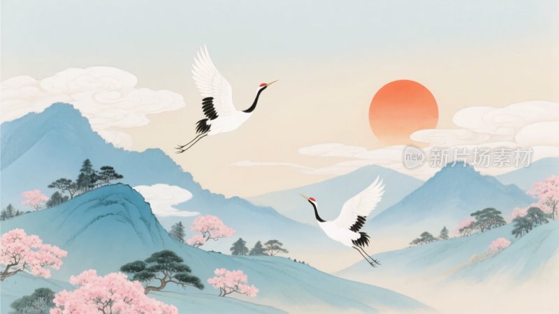 双鹤于山水间伴日飞翔