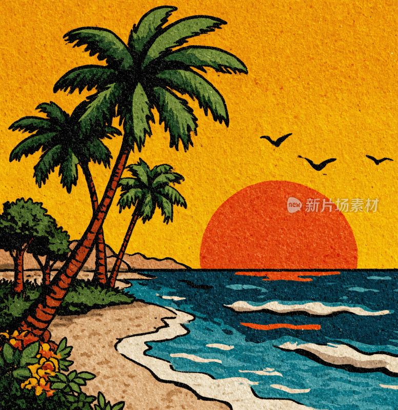 夏日海边落日插画