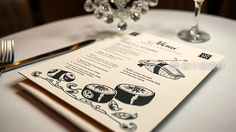 精致西餐厅菜单展示优雅餐具与美食插画相得益彰