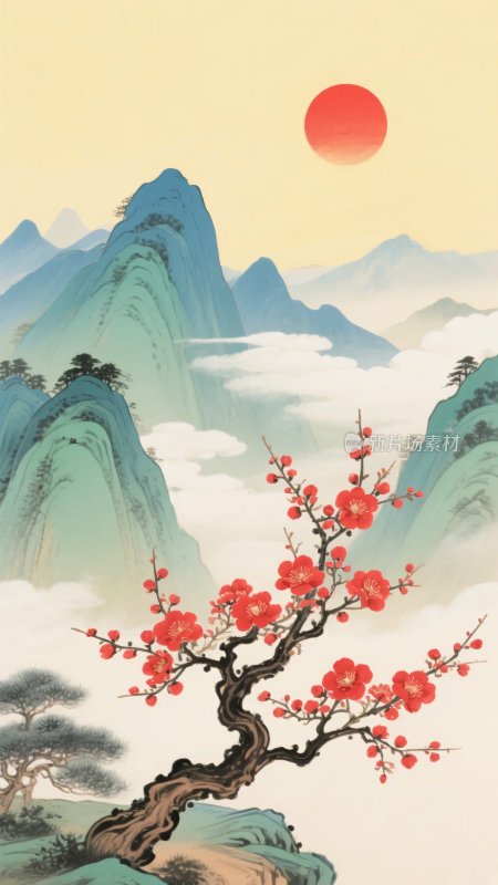 红梅映山红日景