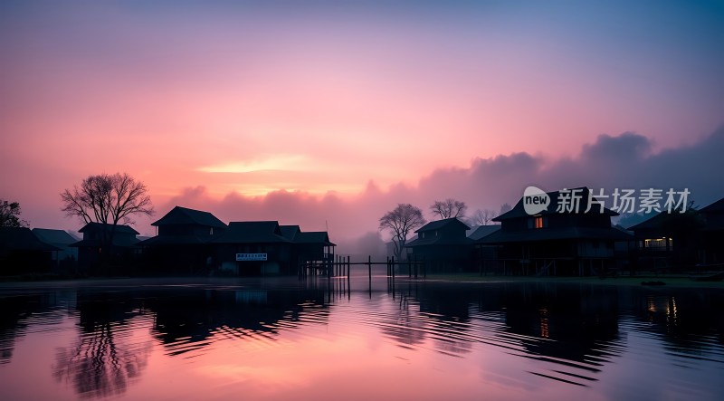 湖畔晨曦映水乡