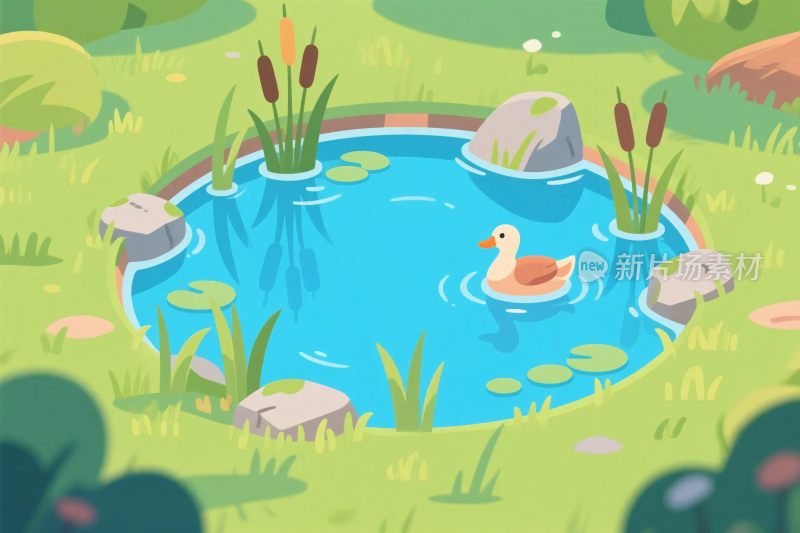 卡通池塘小鸭插画