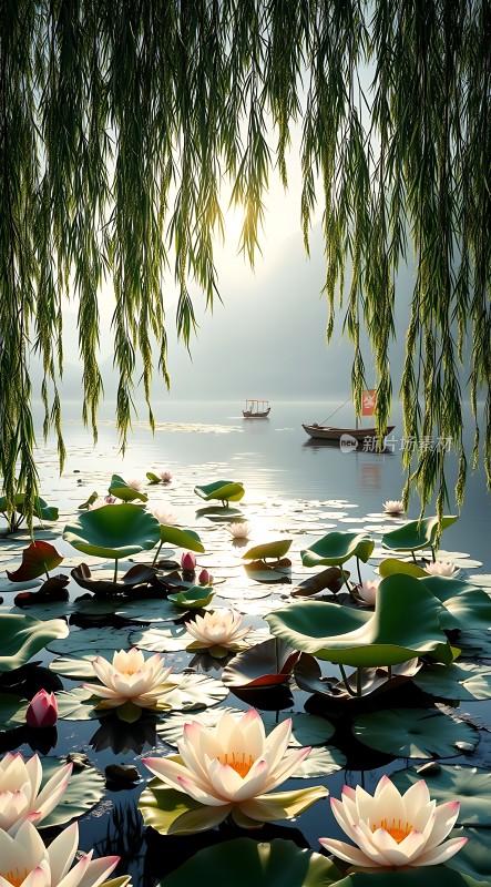 湖畔荷花映日图