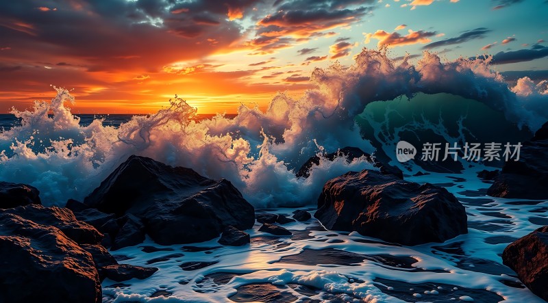 日落时分的海浪与岩石