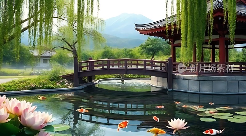 湖光山色映水阁金鲤戏荷柳垂波