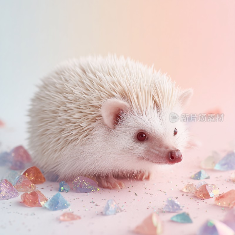 可爱白色小刺猬与彩色宝石