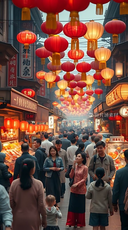 春节庙会热闹非凡红灯笼高挂人潮涌动美食琳琅满目