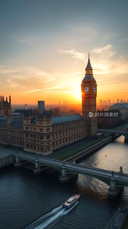 伦敦黄昏时分的泰晤士河畔美景