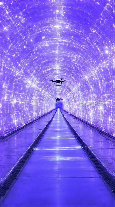 紫色隧道光影交错无人机穿梭其中