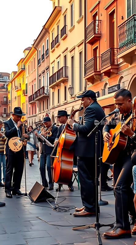 街头乐队演奏阳光下的音乐盛宴