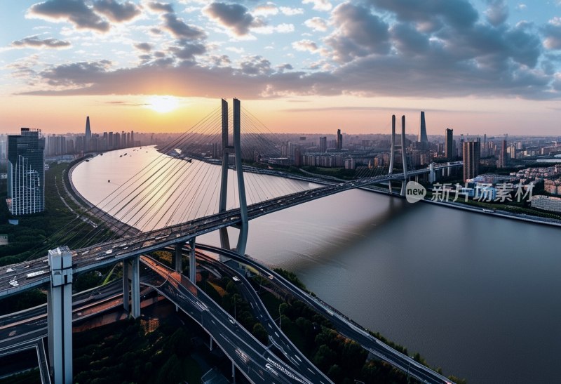 杨浦大桥日落全景