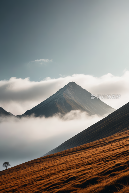 一棵孤树一座云高山清风景图片