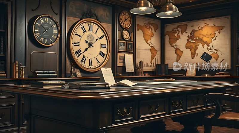 古董钟表与地图装饰的书房