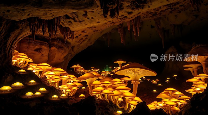 神秘洞穴中的发光蘑菇世界