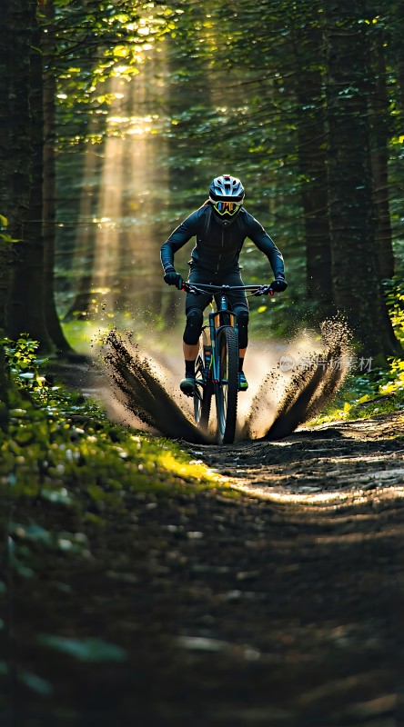 阳光下的骑行者穿越森林小径