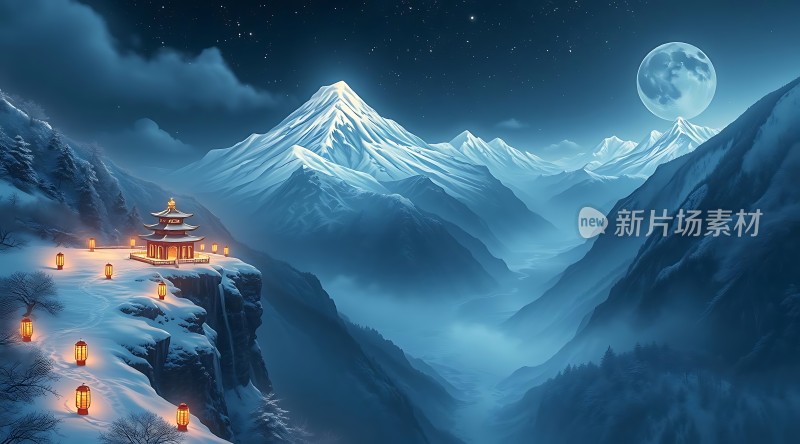 雪山古寺夜月图