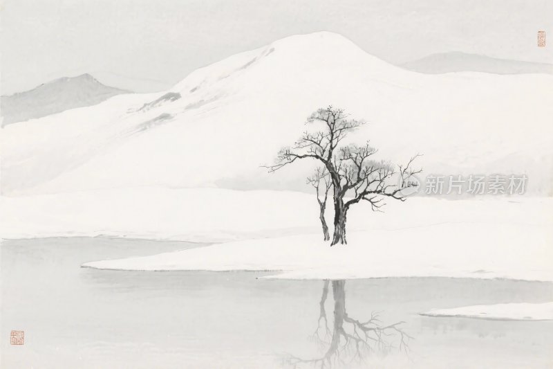 水墨山水树景插画