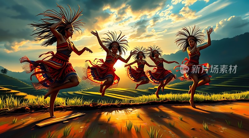 夕阳下身着民族服饰的人们在梯田中欢快起舞