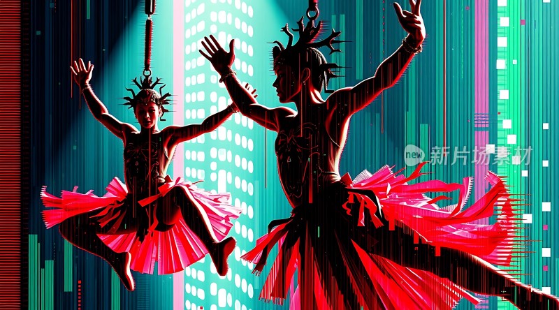 空中舞者霓虹灯光下的优雅表演