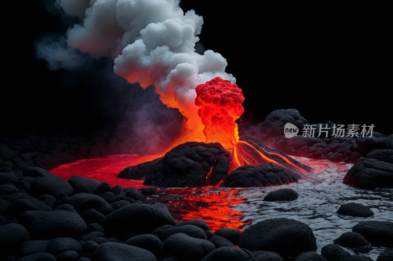 熔岩和熔岩从火山喷发到海洋中风光风景图片