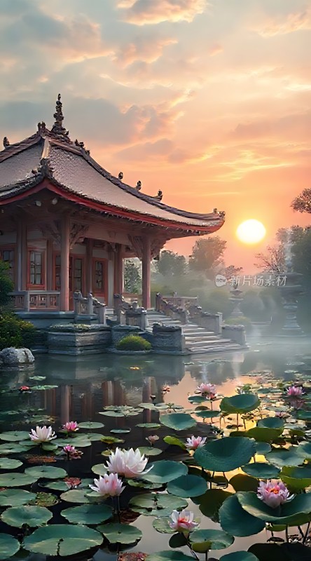 夕阳下的古亭与荷花池