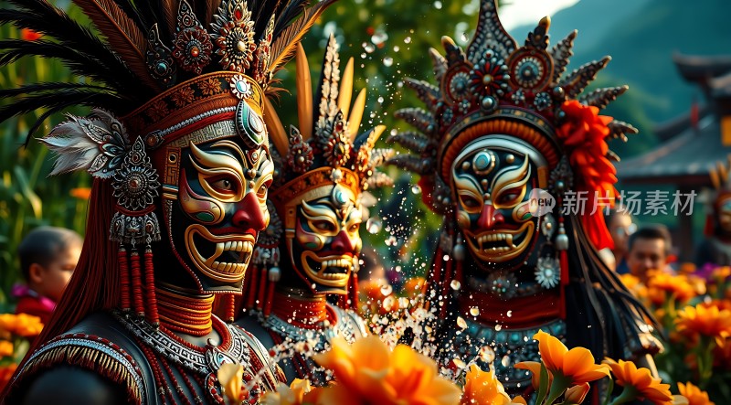 面具舞者色彩斑斓的花海中三位戴着精美面具、头戴华丽饰品的舞者正在翩翩起舞