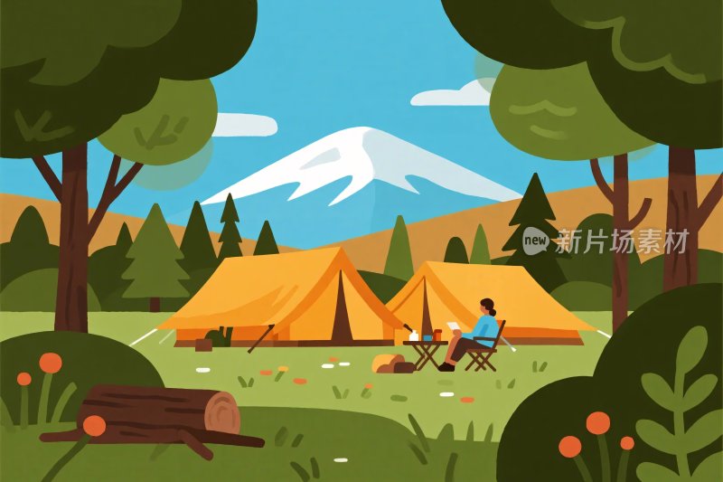 森林中的露营场景插画
