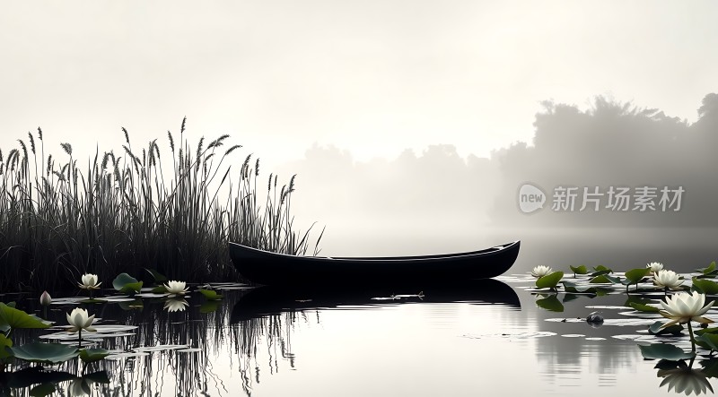 湖畔轻舟映白莲