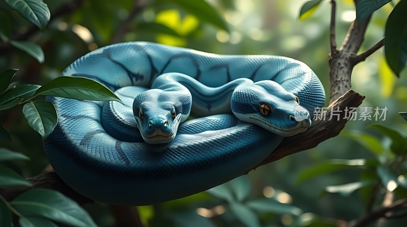 蓝蛇双头共枕枝头间