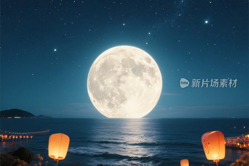 夜晚满月光影与灯笼