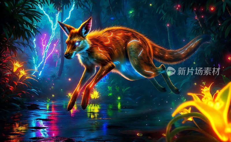 神秘森林中的荧光狐狸