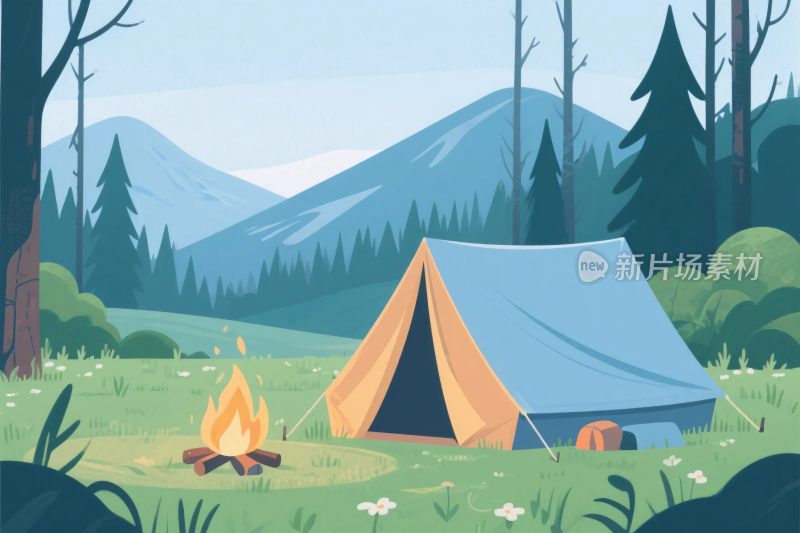森林中的露营场景插画