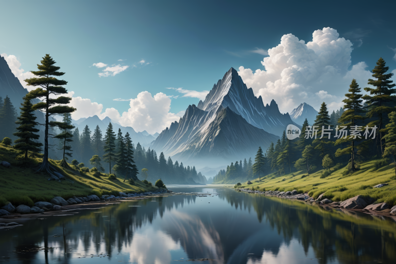 山湖泊高清风景插画图片