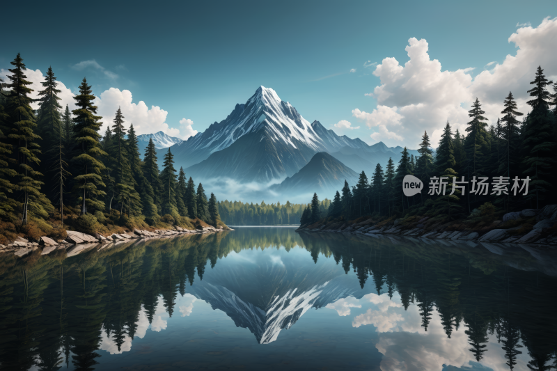 一座山倒映在水中高清风景插画图片