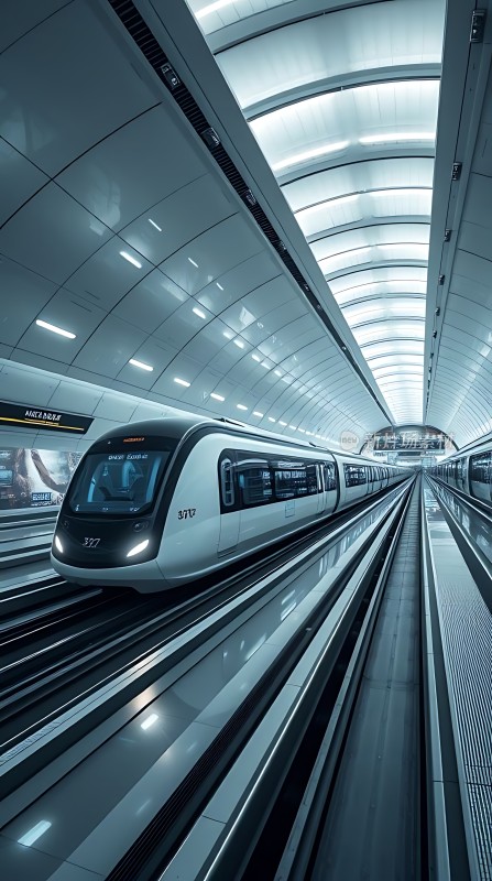 现代地铁列车高速行驶在光滑轨道上