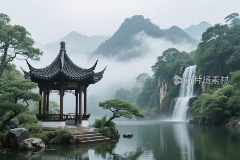 山水古亭瀑布景观